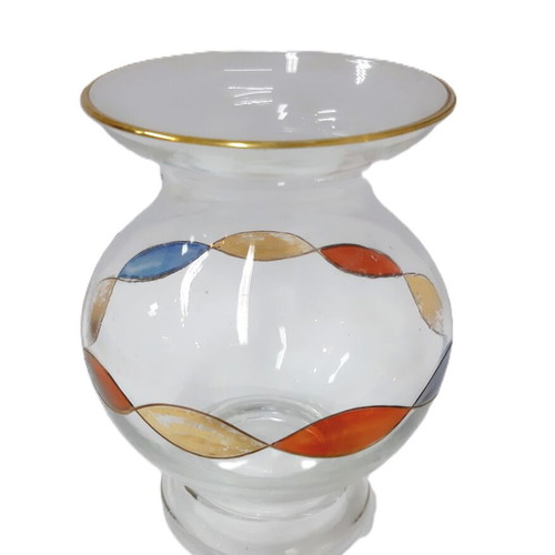 Small vintage glass vase handpainted with colorful braid French provincial style 14.5 cm