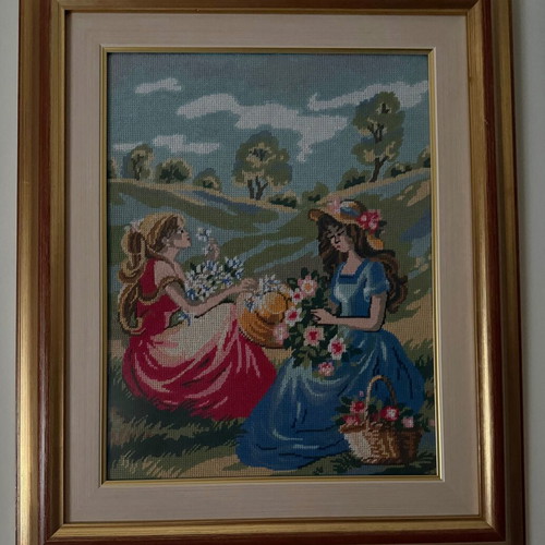 Framed Handmade Cross-Stitch Artwork with Countryside Scene, Like New