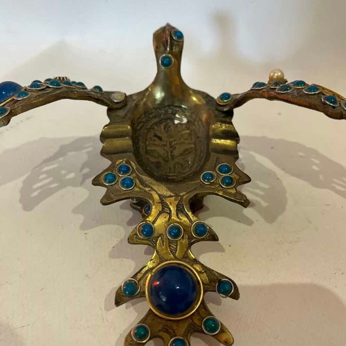 Vintage brass peacock ashtray with decorative stones used