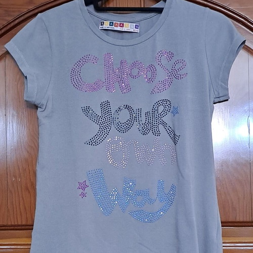 ZARA Trafaluc Rhinestone Graphic T-Shirt, size Large, muted blue gray