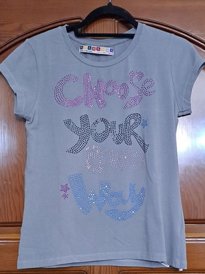 ZARA Trafaluc Rhinestone Graphic T-Shirt, size Large, muted blue gray