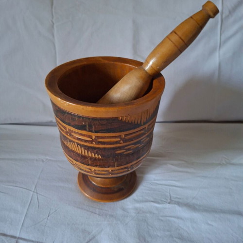Wooden mortar and pestle set like new, large 15x20 cm
