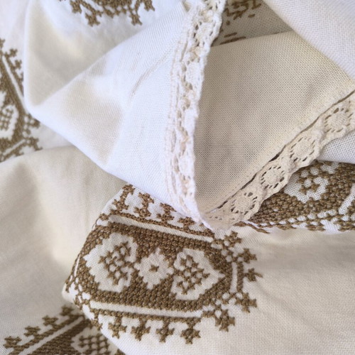 Vintage tablecloth cotton with embroidery and lace, champagne color