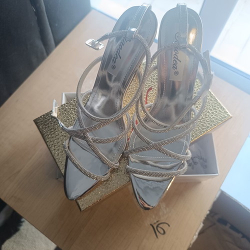 Silver high-heeled sandals, narrow fit, size 38
