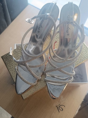 Silver high-heeled sandals, narrow fit, size 38