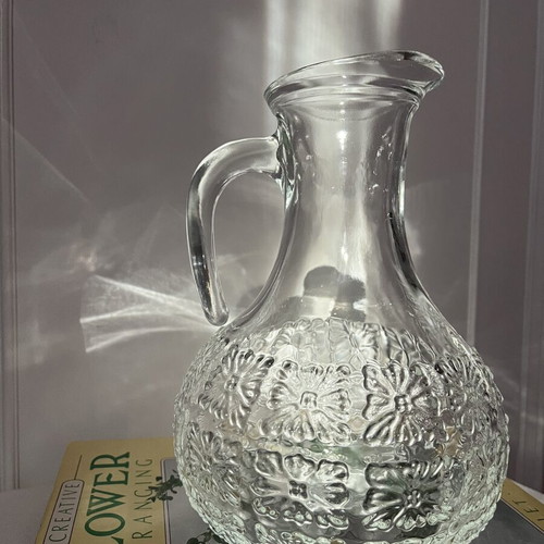 Vintage Glass Carafe 70s with Embossed Daisy Pattern Made in Italy