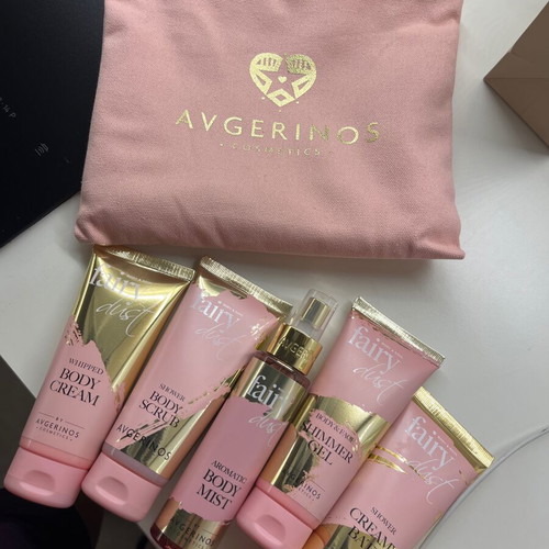 Avgerinos Fairy Dust skincare set with pink pouch