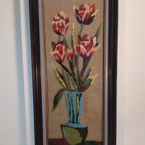 Vintage embroidered tulips textile painting 60x27 cm like new