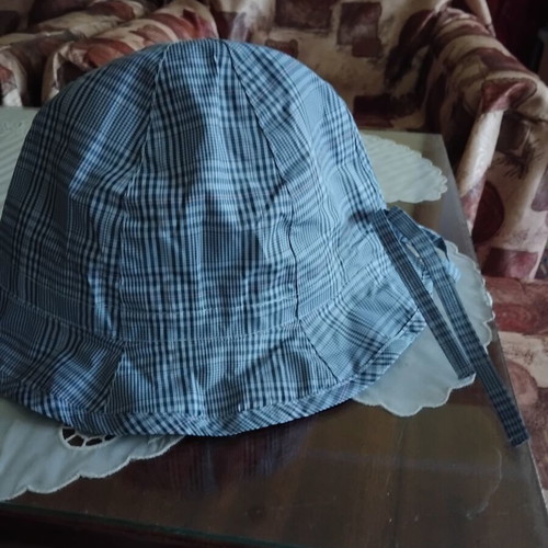 Children's bucket hat "идиотка" used, blue checkered cotton