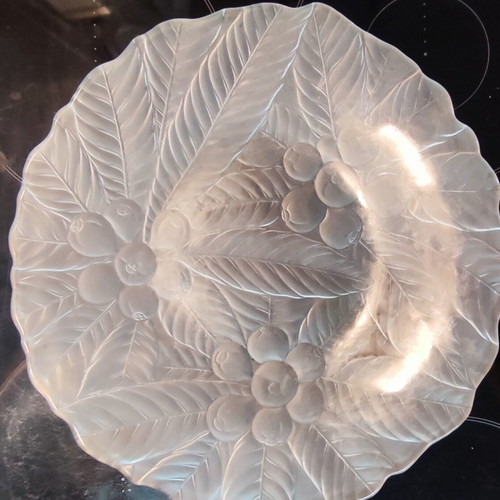 Glass serving platter with fruit and leaf decoration, 33cm diameter, new