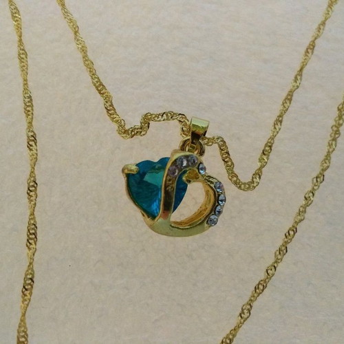 Gold-Plated Heart Pendant with Aquamarine Crystal like new