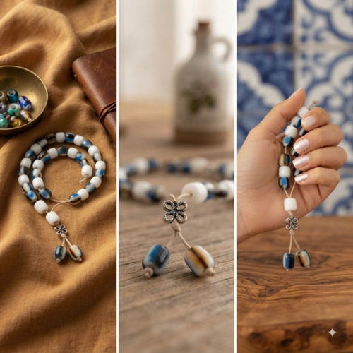 Handmade Mini Women's Komboloi with Blue and Brown Details, ZK.GIRL-001
