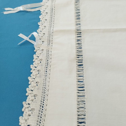Pair of Handmade Bridal Pillowcases with Crochet Lace and Azur Motif