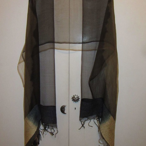 Silk women's scarf abiye style, new, beige and black with blue
