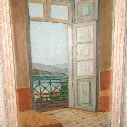 Hand-painted artwork 'View from the Window' with wooden frame