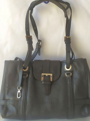 Longchamp shoulder bag like new, black leather, Paris 1948