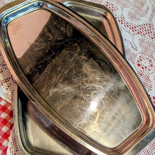 Two used stainless steel oval trays 40x22 cm