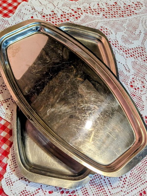 Two used stainless steel oval trays 40x22 cm