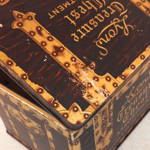French metal candy tin box with lithograph image, circa 1920