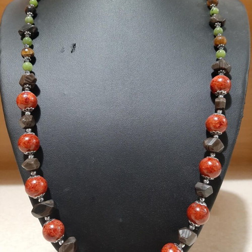 Necklace with coral, bronzite, jade, tiger's eye and jasper in 925 silver new