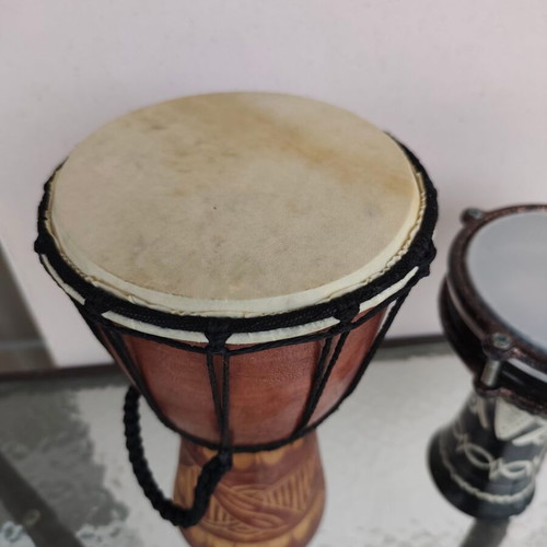 Ethnic percussion set used: Wooden Djembe and Darbuka tambourine mini