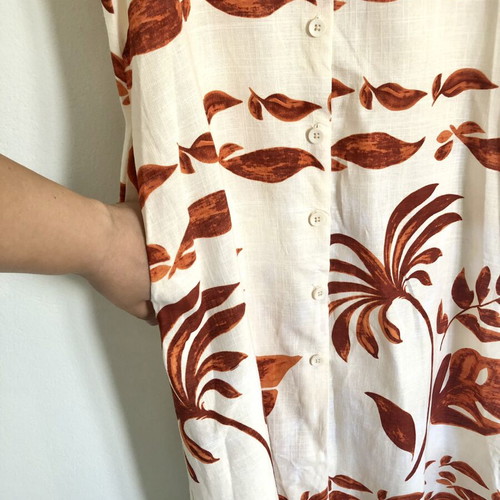 Summer Linen Dress Kimono Caftan S/M new, beige with tropical print