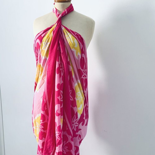 Vintage pareo used, pink and yellow cotton