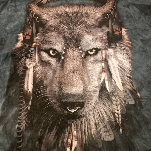 The Mountain T-shirt with wolf print and headphones, used, indigo tie-dye
