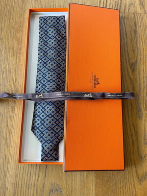 Hermes silk tie new with dark blue background