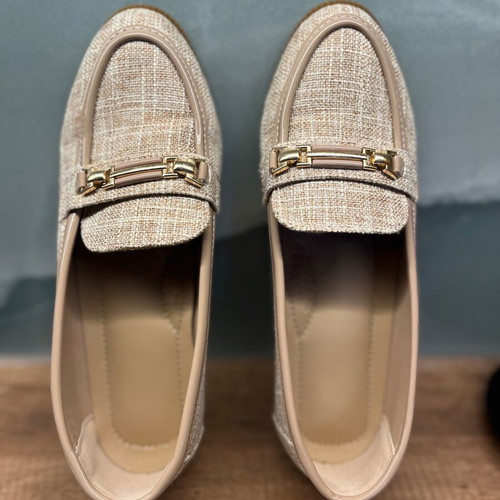 Tweed Loafers Size 37 Like New Beige with Gold Buckle