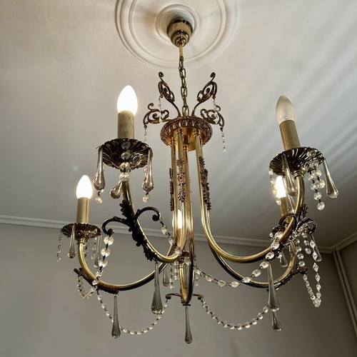 Five-Light Bronze Chandelier with Crystal Prisms like new