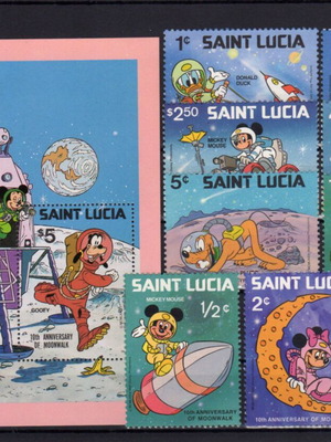 Santa Lucia stamp set of 9 and souvenir sheet Walt Disney new, space theme