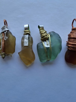Set of 4 Handmade Sea Glass Pendants with Copper, Brass & Silver-Plated Wire