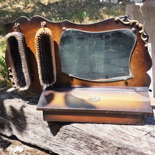 Antique wooden wall organizer for hallway used, with mirror and brushes