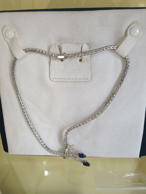 Silver necklace like new with blue sapphires and moisonaite diamonds