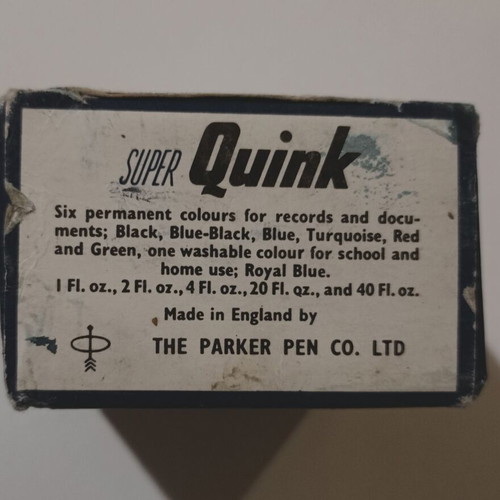 Permanent blue ink "PARKER - SUPER QUINK", in a glass bottle in its box, I think it is full.