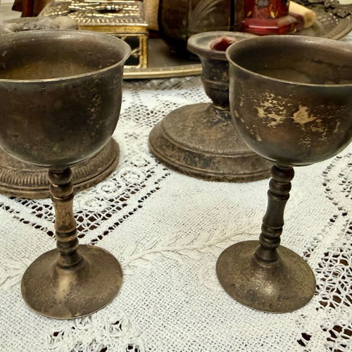 Set of 2 vintage metal goblets used, silver plated, neoclassical style