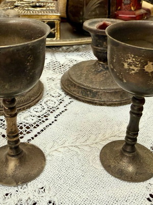Set of 2 vintage metal goblets used, silver plated, neoclassical style