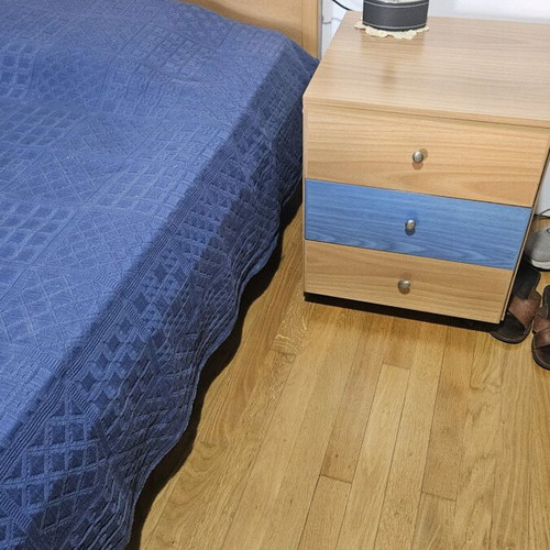 Bed with mattress and bedside table, light brown, 2.00m x 90cm