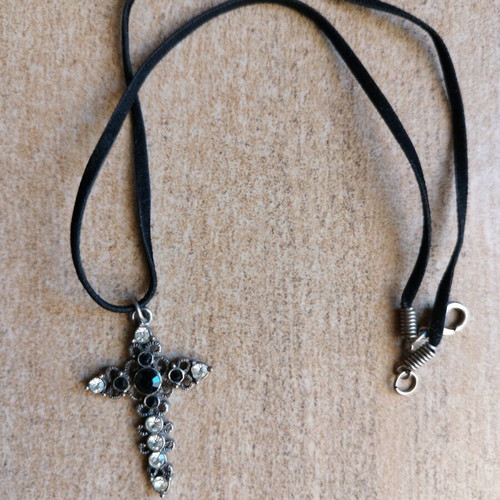 Carved vintage cross with rhinestones used and velvet strap