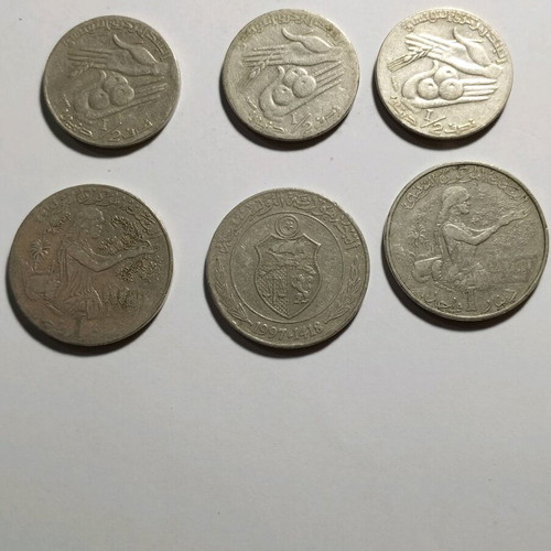 Lot of 6 used Tunisia coins 3x 1/2 Dinar & 3x 1 Dinar