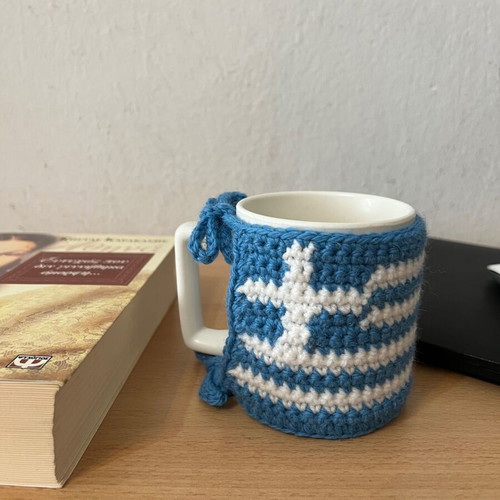 Handmade crochet mug cozy with Greek flag new