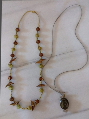 Boho handmade necklaces used, set of two with beads and stone pendant