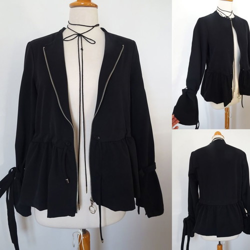 Blazer black with ruffle sleeve design, thin fabric, size S