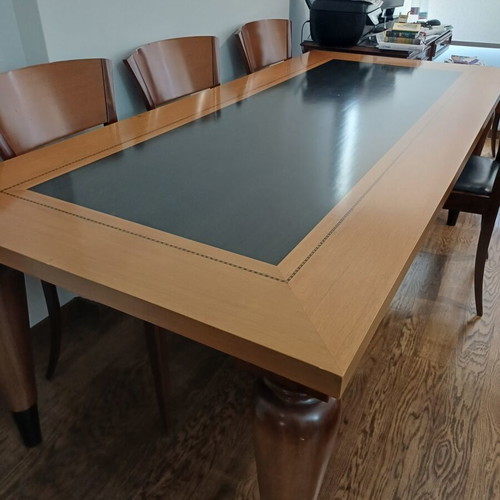 Marquetry dining set with 6 solid wood chairs by Varagki like new, 210×95