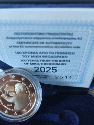 2 Euro 2025 Proof Coin 100 Years from the Birth of Mikis Theodorakis New