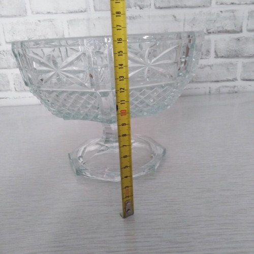 Vintage glass fruit bowl on foot with embossed diamond design