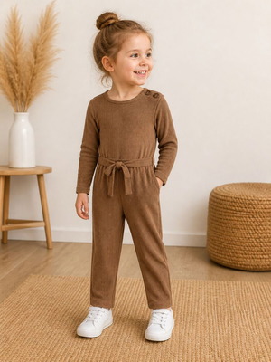 Ολόσωμη φόρμα κορίτσι 7 ετών καφέ ribbed jumpsuit μακρυμάνικο σαν καινούργιο