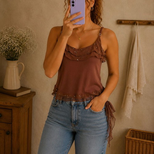 Brown strap top used, size L, elastic