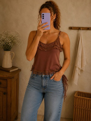 Brown strap top used, size L, elastic